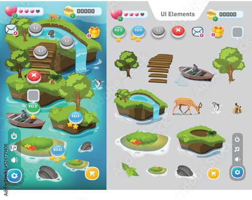 UI UX game design. Main page game UI design end useable UI elements. Level button.