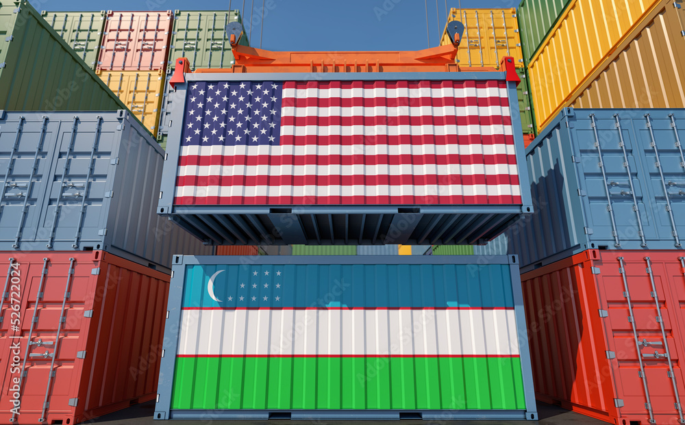 Fototapeta premium Cargo containers with USA and Uzbekistan national flags. 3D Rendering