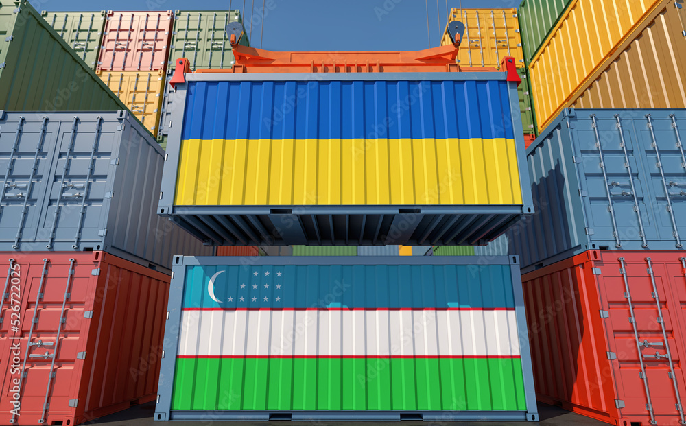 Fototapeta premium Cargo containers with Uzbekistan and Ukraine national flags. 3D Rendering