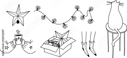 Doodle set of festive New Year objects. Vector illustration of Christmas elements. Isolated sketches of Christmas decorations, garland. Cozy socks, hot tea in hands on a white background.