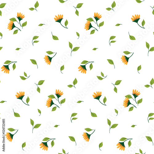 Seamless floral pattern, cute ditsy print with small sunflower flowers, leaves scattered on a white background. Minimal botanical surface design with simple hand drawn plants. Vector.