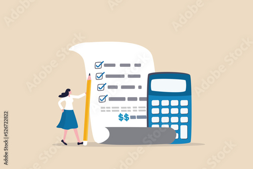 Project cost estimation, calculate budget or resources to finish work, financial plan, invoice or tax, expense or loan concept, businesswoman with calculator estimate cost from project document. photo