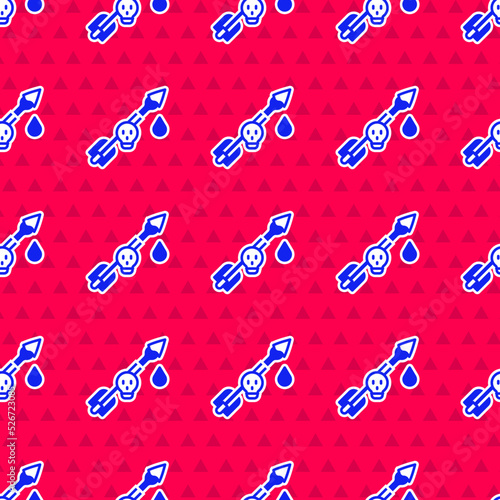 Blue Poison on the arrow icon isolated seamless pattern on red background. Poisoned arrow. Vector