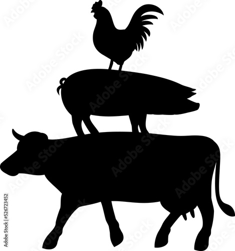 Farm animals silhouettes (cow, rooster and pig) png illustration