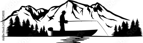 Fisherman in a boat and mountain landscape png illustration