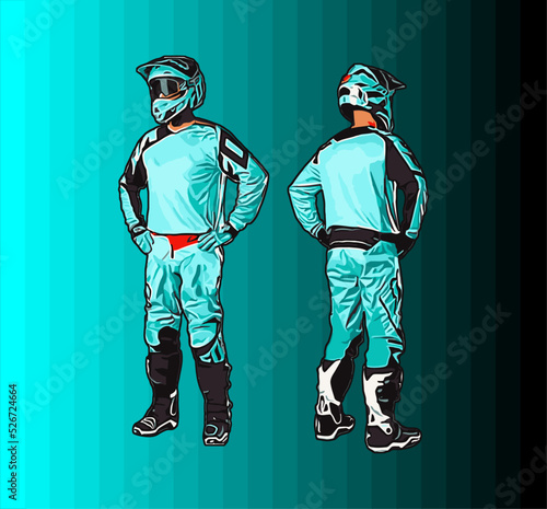 motocross player dressed in light blue facing forward and back