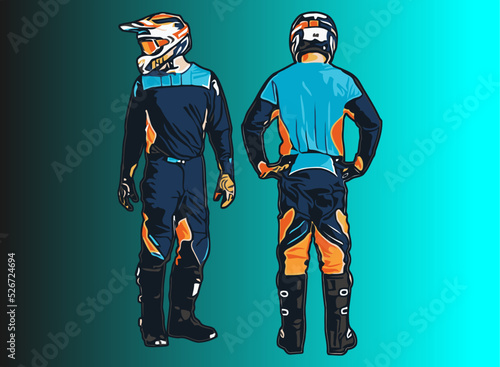 motocross player dressed in dark blue facing forward and back