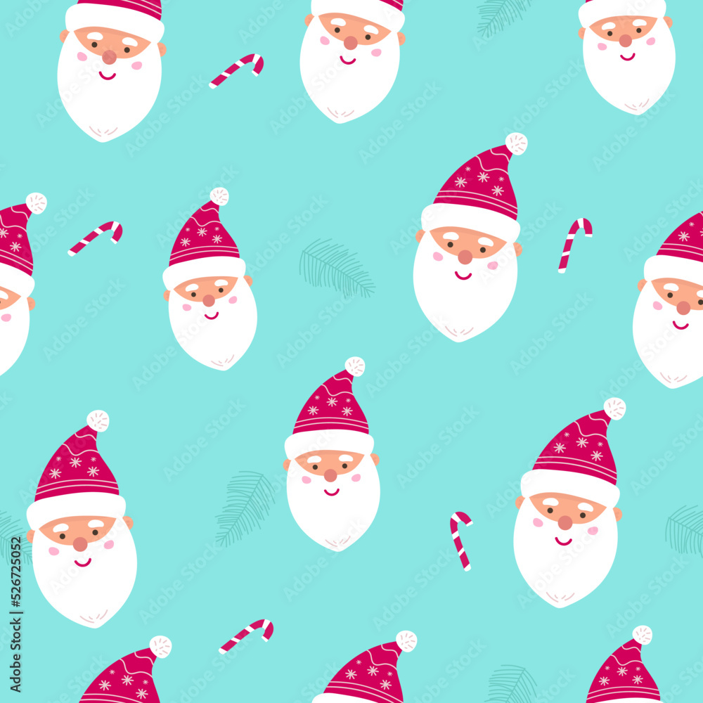 Seamless Christmas pattern with cartoon Santa Claus. Wrapping paper design. Perfect for holiday invitations, winter greeting cards, wallpaper and gift paper Seamless Christmas pattern with cartoon Santa Claus. Wrapping paper design. Perfect for holiday invitations, winter greeting cards, wallpaper and gift paper