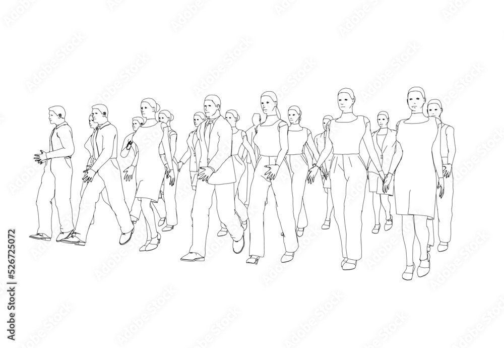 Outline of a crowd of walking people from black lines isolated on a white background. Vector illustration. Outline of a crowd of walking people from black lines isolated on a white background. Vector illustration.