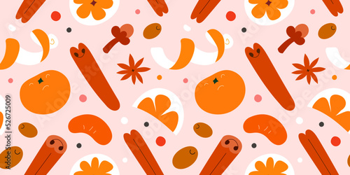 Spice, orange zest and cinnamon illustrations, repeat background, various seasoning for mulled wine, food illustration, seamless vector pattern with cute hand drawn art, good as wrapping paper print