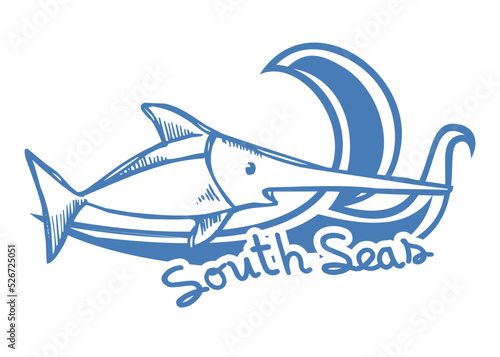blue marlin in south sea vector illustration for mens, boys, kids t shirt print