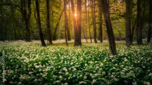 Wild garlic flowers covers the forest flor photo