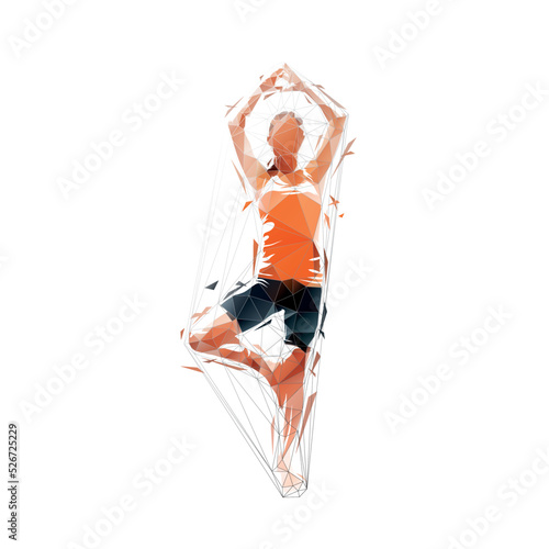 Yoga tree pose, low polygonal female fitness instructor, geometric isolated vector illustration. Front view