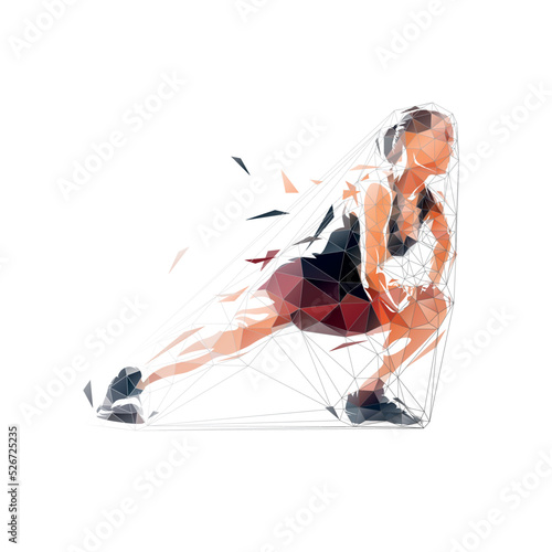 Woman stretches her muscles. Abstract low polygonal isolated vector illustration. Fitness exercises. Active lifestyle, geometric drawing