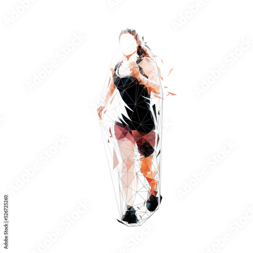Run, running woman logo, low polygonal isolated vector illustration, front view. geometric drawing