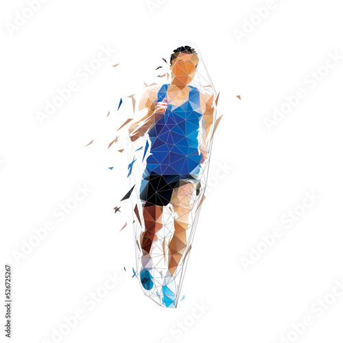 Running man, isolated low polygonal vector illustration, geometric drawing, front view. Run logo