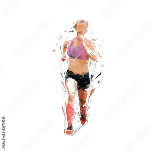 Running woman, low polygonal vector illustration, front view, geometric drawing from triangles. Run logo