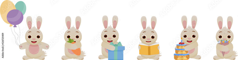A set of illustrations of cute hares (rabbits). A rabbit with a gift, a balloon, a rabbit with a pie, a rabbit with a book, a rabbit with flowers. on a transparent background. png format. A set of illustrations of cute hares (rabbits). A rabbit with a gift, a balloon, a rabbit with a pie, a rabbit with a book, a rabbit with flowers. on a transparent background. png format.