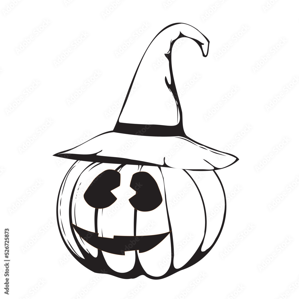 Vector black and white illustration of a cheerful pumpkin with a cap