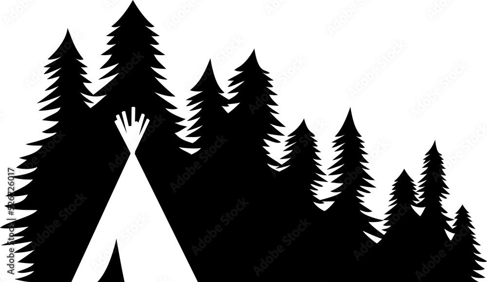 Obraz premium Native American wigwam (tepee) and forest landscape png illustration