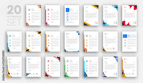 Multipurpose corporate businesses letterhead template with a4 size. creative 20 corporate modern letterhead design template set with blue, green, red, and yellow colors.