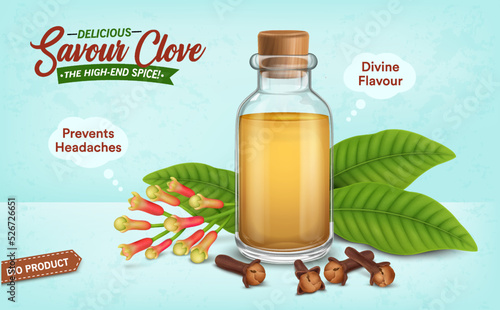 Clove oil bottle with dried cloves and its plant vector illustration