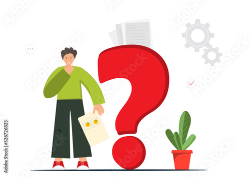 Young man confused with some question needed to be decided, working process concept, decision making concept, flat vector illustration