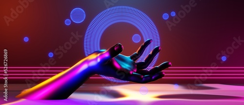 robot hand with brain of mind in healthy concept, abstract backgound video game of esports scifi gaming cyberpunk, vr virtual reality simulation and metaverse, 3d illustration rendering