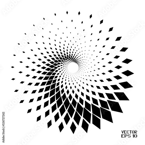 Abstract Black and White Geometric Pattern with Squares. Spiral-like Spotted Tunnel. Contrasty Halftone Optical Psychedelic Illusion. Vector. 3D Illustration