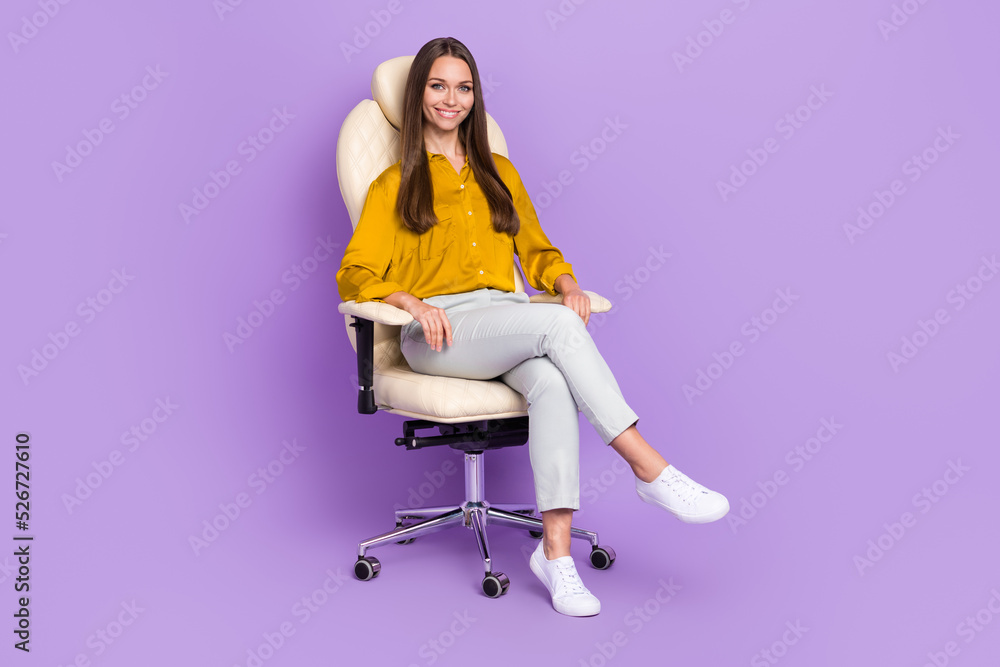 Fototapeta premium Full length photo of hr sit wear blouse trousers shoes isolated on purple color background