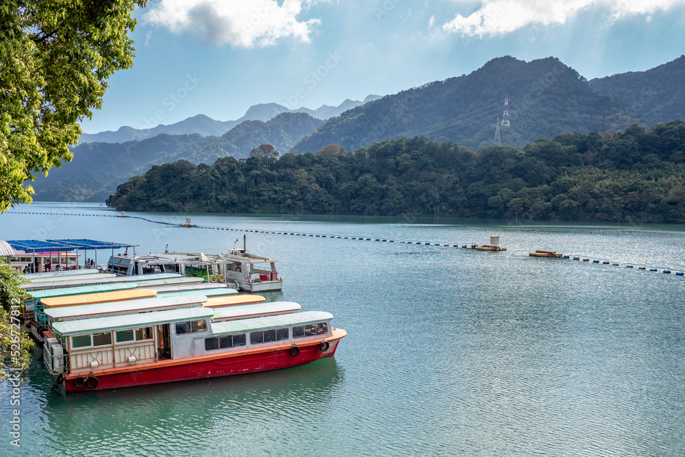 Lake boat cruise and wharf in Shihmen Reservoir, Taoyuan, Taiwan.
