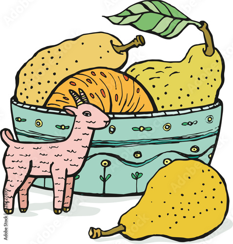 Colored hand drawn doodle graphic drawing, still life of a ceramic figurine of a goat, a bowl with pears and a leaf. Picture for home wall decor, vector illustration, isolated on background.