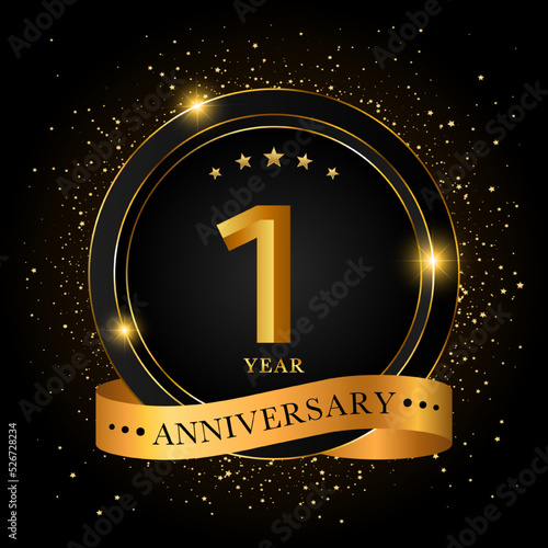 1 Year Anniversary. Golden anniversary celebration template design, Vector illustrations.