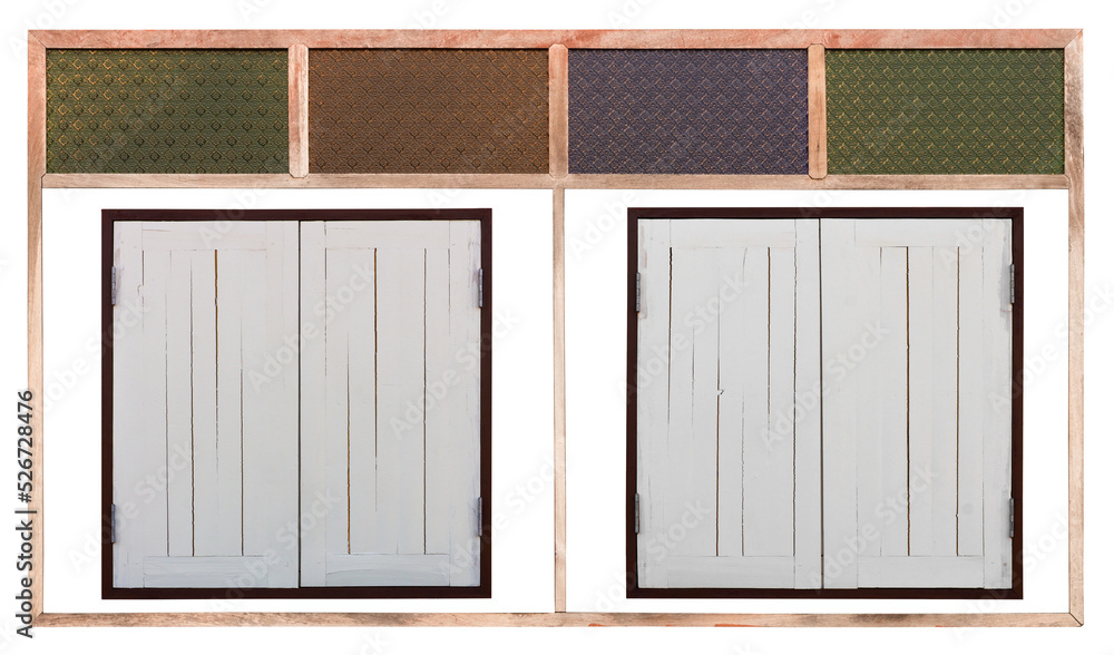 Isolates, wooden window frames and colorful glass, ancient patterns with small panels overlap inside.