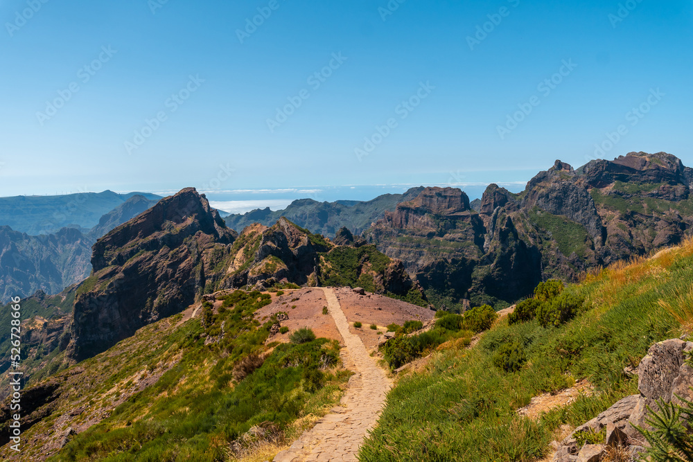 Hiking trail in the mountains at Pico do Arieiro, Madeira. Portugal