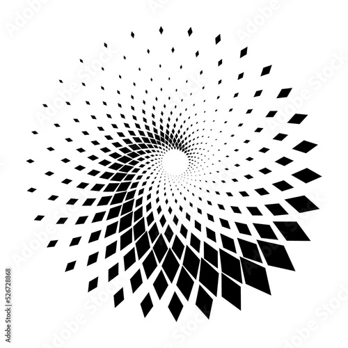 Abstract Black and White Geometric Pattern with Squares. Spiral-like Spotted Tunnel. Contrasty Halftone Optical Psychedelic Illusion. Raster. 3D Illustration
