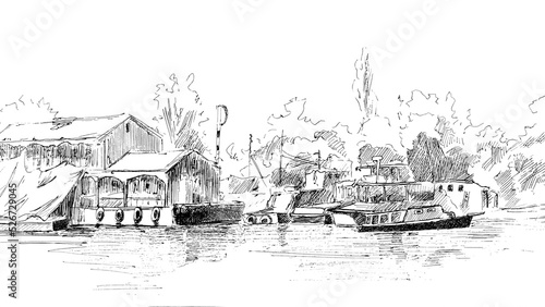 black pen drawing on a white paper "panoramic landscape with boats on water and quay  on the riverbank"