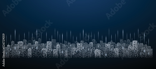 Panorama of the digital city with futuristic communication technology. Use of Information and Interconnection on dark background. Cloud computing concept.