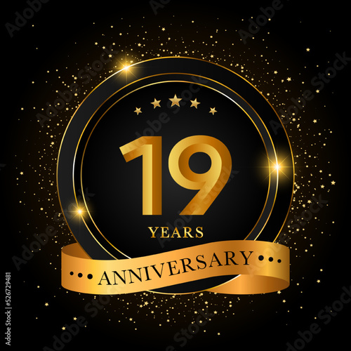 19 Years Anniversary. Golden anniversary celebration template design, Vector illustrations.