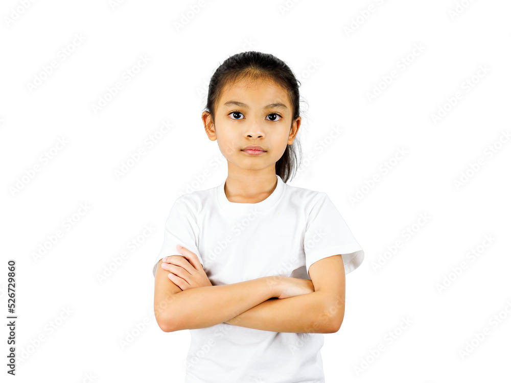 Asia little girl standing with folded arms isolated on white background with clipping path. Asia little girl standing with folded arms isolated on white background with clipping path.
