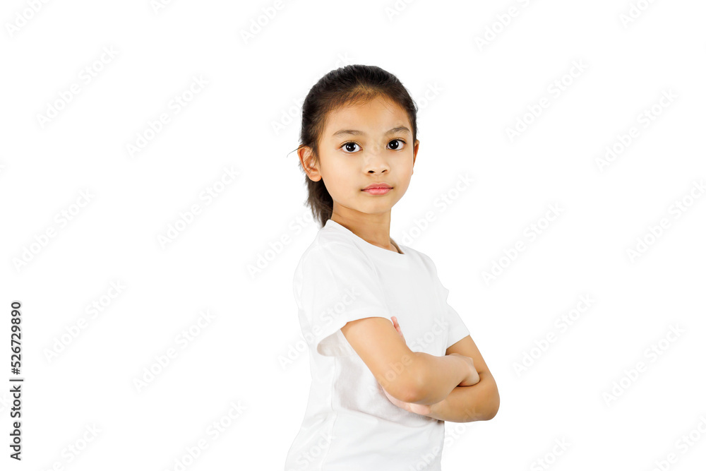 Asia little girl standing with folded arms isolated on white background with clipping path. Asia little girl standing with folded arms isolated on white background with clipping path.
