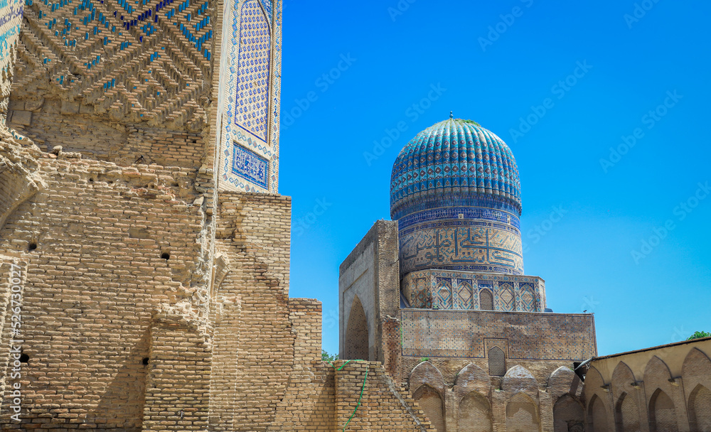 Magnificent View to the Oriental and Mosaic Bibi-Khanym Mosque in Samarkand, Uzbekistan