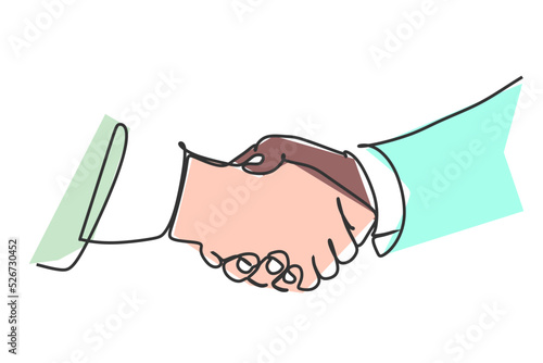 Two businessmen shaking hands. Continuous one line drawing illustration vector. Simple flat colored hand drawin design style for business and finance concept