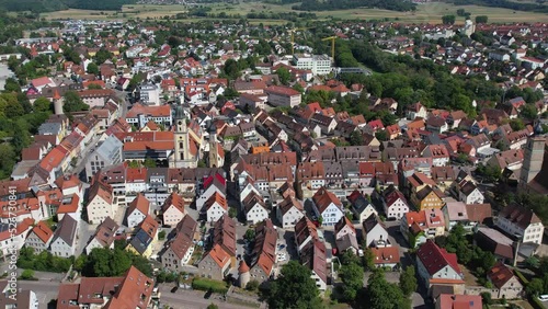 Aerial view around the old town of the city Crailsheim in Germany, Bavaria on a sunny summer day. photo