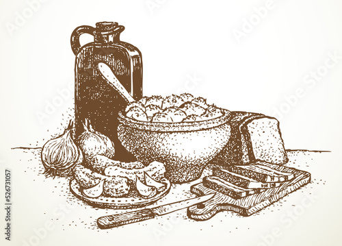 Vector still life. Traditional Slavic food: potatoes in a clay pot