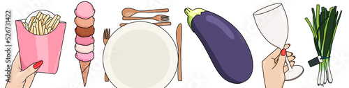 Illustrated food icon set, fries, ice cream, dish, eggplant, wine and green onions photo