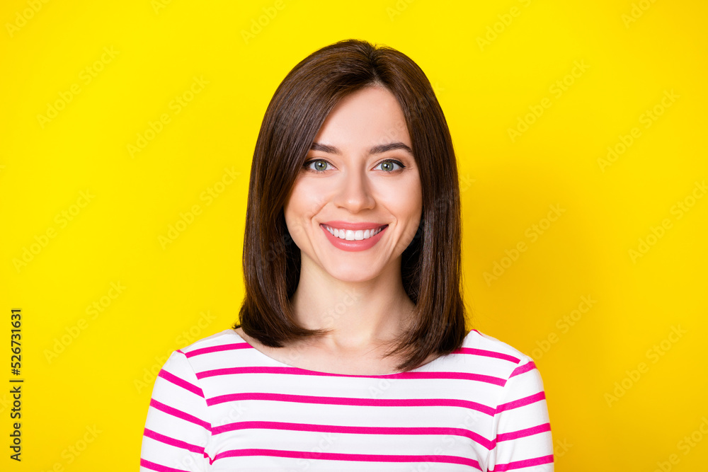 Closeup photo of young attractive smiling beaming lady just done whitening new clinic isolated on bright yellow color background Closeup photo of young attractive smiling beaming lady just done whitening new clinic isolated on bright yellow color background