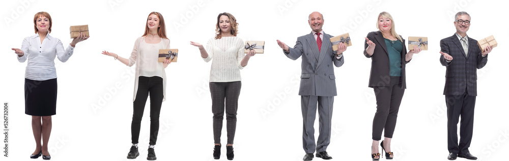 group of happy people with gifts in their hands isolated group of happy people with gifts in their hands isolated