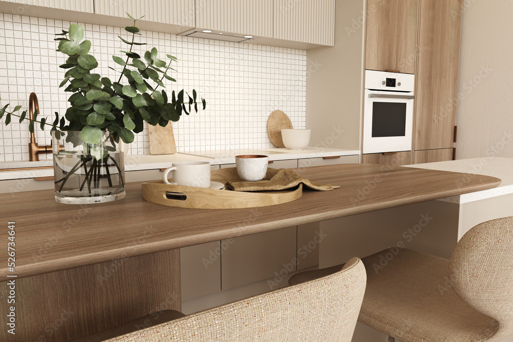 Close up view kitchen room interior with sink, oven and plant. Modern minimalist design. 3d render illustration. Close up view kitchen room interior with sink, oven and plant. Modern minimalist design. 3d render illustration.
