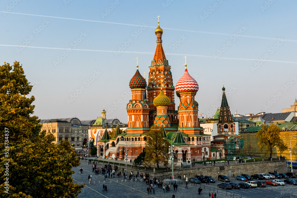 Red Square in Moscow with St Basils Cathedral temple. Panoramic view from Kremlin wall and tower